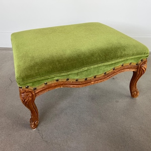 Vintage Green Velvet Ottoman Footstool: French Provincial Carved Wood Legs