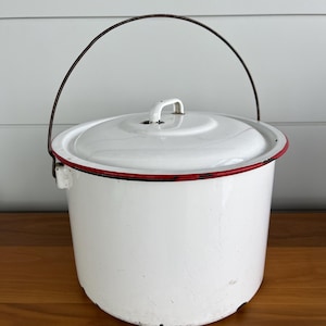 Vintage Large Enamelware Stock Pot With Lid Farmhouse Cookware Kitchenware