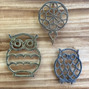 Dessous de plat en fonte vintage motif hibou et motifs orientaux, accessoires de cuisine décoratifs bohèmes et rustiques, déco de dessus de cuisinière