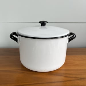 Vintage Large Enamelware Stock Pot With Lid | Farmhouse Cookware Kitchenware