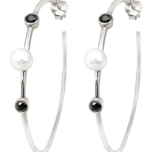 Handmade Silver Earrings,  Minimalist Pearl Design, Hoop Birthday Gift, Women Silver Jewelry,  Silver Hoop Earrings