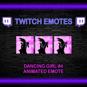 May include: Animated Twitch emote featuring a silhouette of a dancing girl in three different poses. The background is pink with a white grid pattern. The text "TWITCH EMOTES" is displayed in blue above the image. The text "DANCING GIRL #4 ANIMATED EMOTE" is displayed below the image.