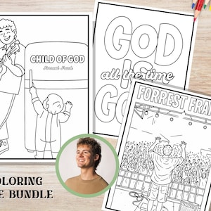 Puede incluir: Un paquete de páginas para colorear con tres ilustraciones en blanco y negro. Una representa a una persona tocando un ukelele, otra tiene el texto "GOD is all the time GOD", y la tercera representa una escena de concierto. El paquete incluye una foto de un hombre. El texto en la imagen dice "COLORING PAGE BUNDLE".