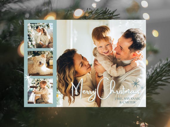 Canva Christmas Card with Photo Template Printable Holiday Card Editable Print - Three Star - 5x7 Instant Download