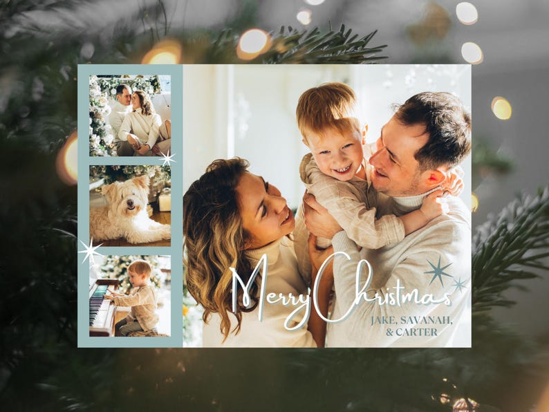 Canva kerstkaart met fotosjabloon afdrukbare kerstkaart bewerkbare print - drie sterren - 5 x 7 direct downloaden afbeelding 1