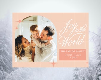 Canva Christmas Card with Photo Template Printable Holiday Card Editable Print - Joy to the World - Blush Pink - 5x7 Instant Download