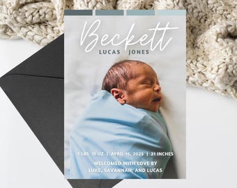 May include: A newborn baby boy named Beckett Lucas Jones, wrapped in a light blue blanket, is sleeping peacefully. The baby was born on April 16, 2025, and weighed 7 pounds 11 ounces. He was 21 inches long.