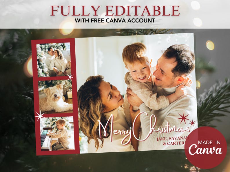 Canva kerstkaart met fotosjabloon afdrukbare kerstkaart bewerkbare print - drie sterren - 5 x 7 direct downloaden afbeelding 2