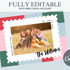 May include: A white, scalloped frame with a family photo inside. The frame is on a background of red, pink, green, and blue squares. The text "Peace and Love" is on the left side of the frame and "Joy and Hope" is on the right side. The text "The Williams" is at the bottom of the frame. The text "Made in Canva" is in the lower right corner.