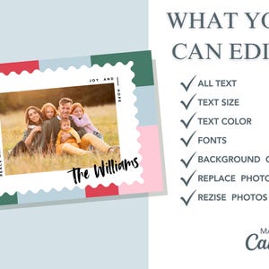 May include: A digital illustration of a holiday card with a family photo in a white frame. The frame is surrounded by a colorful patchwork of red, green, blue, and pink. The text "Peace and Love" is on the left side of the frame and "Joy and Hope" is on the right side of the frame. The text "The Williams" is at the bottom of the frame. The text "What You Can Edit:" is on the right side of the image with a list of editable features: "All Text", "Text Size", "Text Color", "Fonts", "Background Color", "Replace Photos", and "Resize Photos". The text "Made in Canva" is at the bottom right corner of the image.
