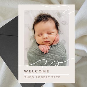 Faire-part de naissance en toile avec modèle photo, carte imprimable modifiable, bébé neutre ondulé moderne pour nouveau-né, téléchargement immédiat, impression numérique 5 x 7