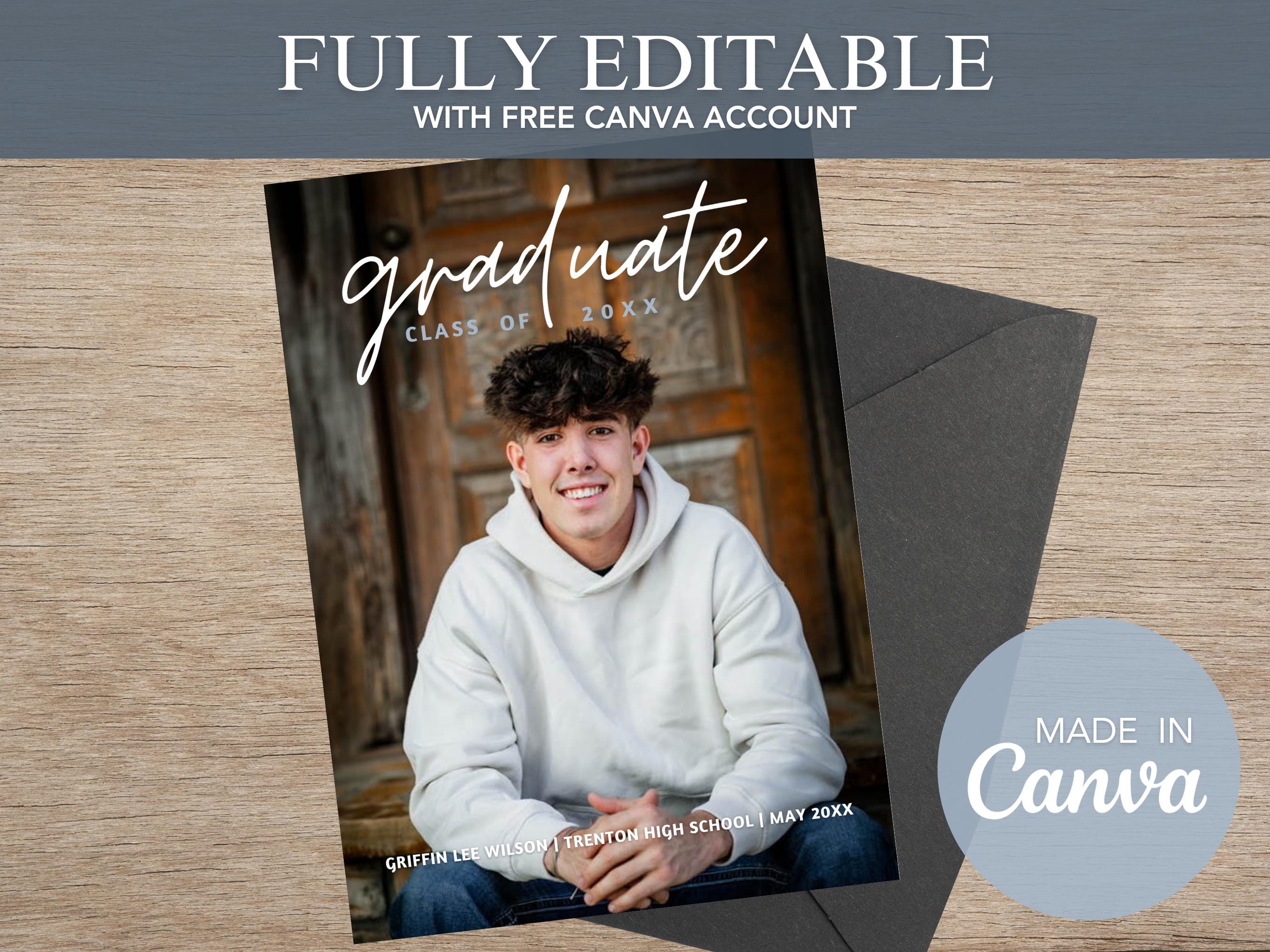 Canva Graduation Card With Photo Template Printable Grad Invitations Editable - Blue Graduate Script - 5x7 Instant Download Digital Prints - Etsy Canva Graduation Card With Photo Template Printable Grad Invitations Editable - Blue Graduate Script - 5x7 Instant Download Digital Prints - Etsy