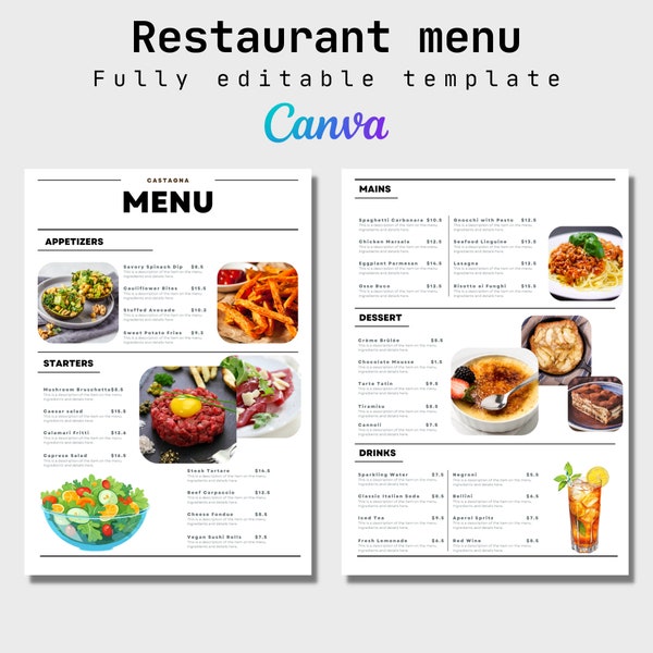 Restaurant Menu Canva Template, Editable Restaurant Menu Template, Minimalistic Menu, A4 Size, Instant Download