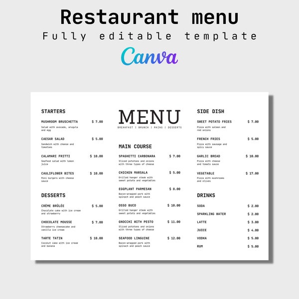 Restaurant Menu Canva Template, Editable Restaurant Menu Template, Minimalistic Menu, A4 Size, Instant Download