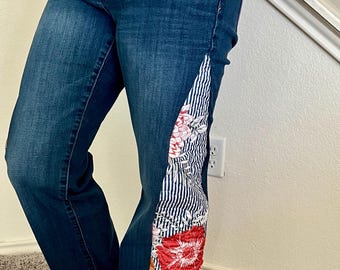 Upcycled Patchwork Denim Jeans, Boho Festival Clothing, Sustainable Women's Fashion