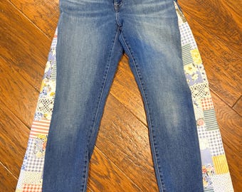 Upcycled Lace Cottagecore Quilt Patchwork Jeans | Boho Barrel Leg Denim Women's Size 4 Petite