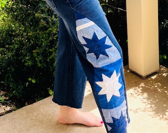 Custom Quilt Jeans Women | You Pick Size & Fabric | Upcycled Patchwork Denim Handmade Boho Gift