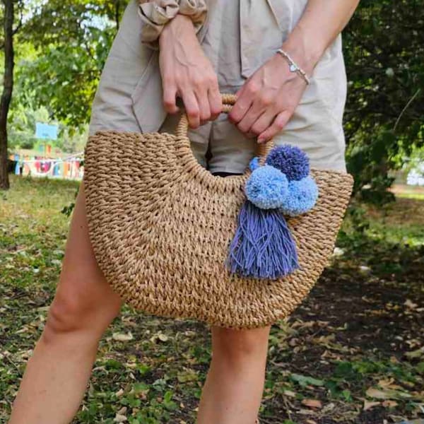 Woven straw bag basket with handcrafted colorful charm with soft pastel pompoms and tassels Beach straw bag with drawstring inner pocket