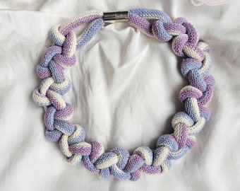 Handmade statement necklace in lilac, lavender & white pattern Knotted collar from soft cotton rope Macrame stripped choker Fabric bib