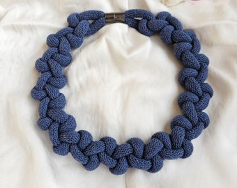 Handmade statement necklace in blue jeans or wild rose red Knotted rope necklace from soft recycled cotton Macrame choker Fabric bib collar
