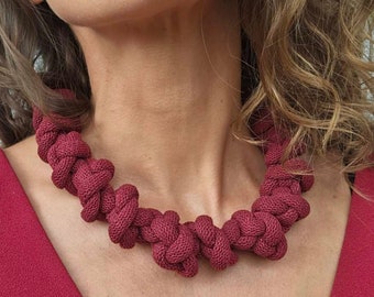 Red handmade necklace MILA Knotted rope necklace from recycled cotton Macrame choker Big statement necklace Soft fabric collar Gift for Her