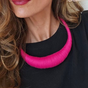 Handmade oversize necklace in bold fuchsia GRACE Wrapped rope necklace Statement big woven cotton necklace Avant-garde jewelry Gift for Her