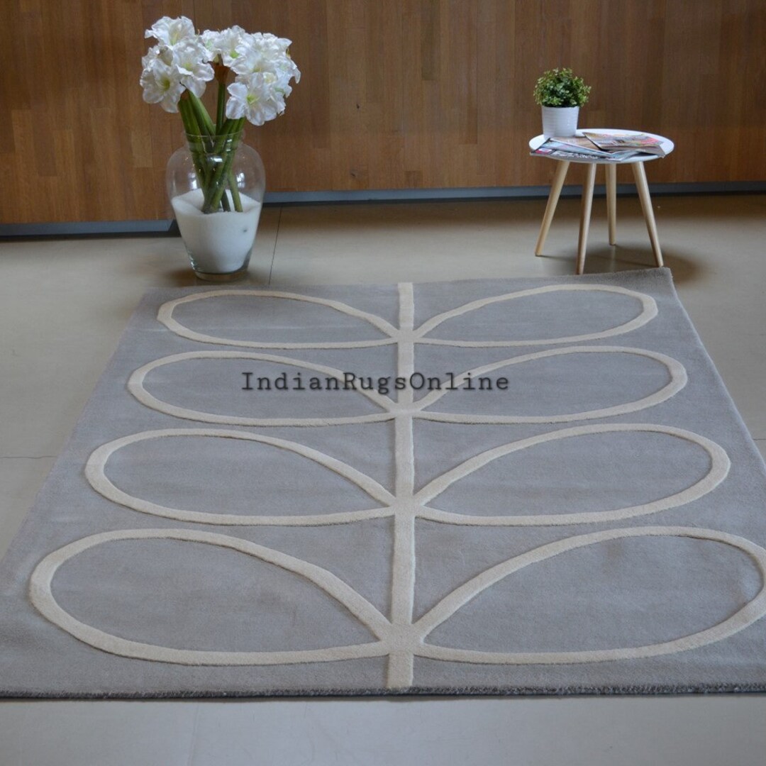 Modern Leaf Design Giant Linear Stem Grey Wool Rug. 100 Woolen Premium