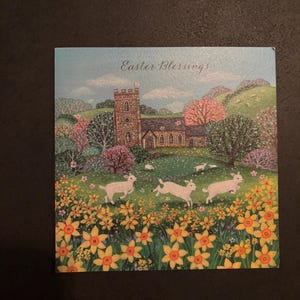 Tarjeta de bendiciones de Pascua / Iglesia campestre con corderos / Tarjeta de felicitación de primavera / Ilustración de naturaleza pacífica / 1 tarjeta de Pascua