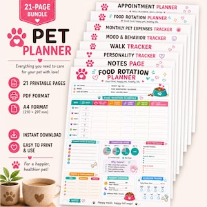 Pode incluir: Um conjunto de 21 páginas imprimíveis para o cuidado de animais de estimação em formato A4, 210 x 297 mm. As páginas apresentam texto em rosa e azul-petróleo, ícones de patas e corações. Inclui planeador de consultas, refeições e despesas.