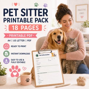 Pode incluir: Um pacote imprimível para pet sitter com 18 páginas em formato PDF, incluindo tamanhos A4 e carta dos EUA. O documento está pronto para imprimir, é de download instantâneo e totalmente editável. Inclui um formulário de informações.