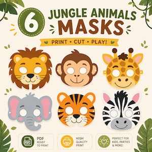 Op de afbeelding: Zes jungle dierenmaskers, waaronder een leeuw, aap, giraffe, olifant, tijger en zebra. De maskers zijn ontworpen om te printen, knippen en te spelen. De afbeelding bevat de tekst "JUNGLE ANIMALS MASKS PRINT CUT PLAY!"