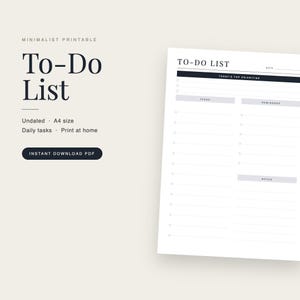 Pode incluir: Um documento de lista de tarefas imprimível com o texto To-Do List, Today's Top Priorities, Tasks, Reminders e Notes. O layout inclui uma linha de data, uma barra de cabeçalho escura e várias seções com linhas para organizar tarefas diárias.