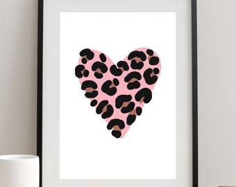 Rosa Herz, Leopard Liebe, Digitaldruck, druckbare Kunst, Wand Kunstdruck, herunterladbare Drucke, Einweihungsparty Idee, digitaler Download