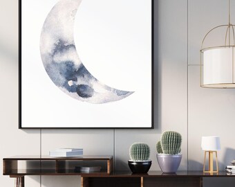 Impresión lunar, pintura de acuarela de la fase lunar, arte imprimible, póster espacial, arte de pared de la fase de la luna creciente, impresión lunar, decoración de pared celestial