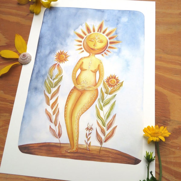Aquarell Kunst Kunstdruck Sonne Sonnengöttin Göttin Priesterin Weiblichkeit Goddess Print Digitalprint