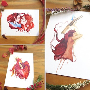 Postkarten-Set Feuer Kraft Verbindung Umarmung Phönix Antilope Frauen Aquarell Kunst Kunstdruck Karte Postkarte Grußkarte