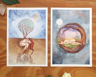 Juego de 2 postales: Universo, Madre Tierra, ilustración de Pachamama, lámina de arte espiritual, postal en acuarela
