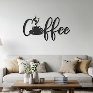 Coffee Metal Wall Art with Cup Silhouette, Rustic Black Script Sign for Kitchen Coffee Bar, Modern Farmhouse Coffee Lover Gift Metal Art