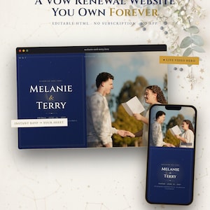 Op de afbeelding: Een digitale website-sjabloon voor een huwelijksvernieuwing op een laptop- en smartphonescherm. Het ontwerp heeft een diepblauwe achtergrond met de tekst Melanie & Terry, een sterrenkaartthema en een videosectie voor de evenementdetails.