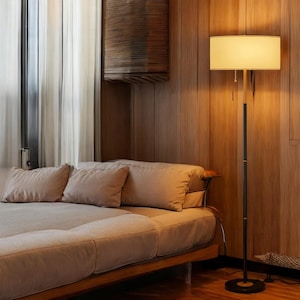 Floor Lamp, Mid Century Floor Lamp with White Fabric Shade, Standing Lamp Tall Lamp for Living Room Bedroom