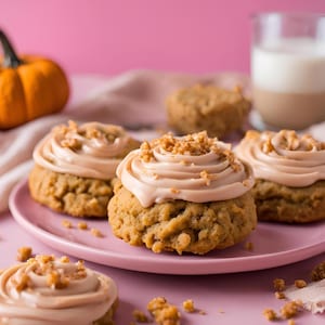 May include: Four pumpkin spice cookies with cream cheese frosting and a sprinkle of cinnamon on top. The cookies are on a pink plate and there is a small pumpkin in the background.