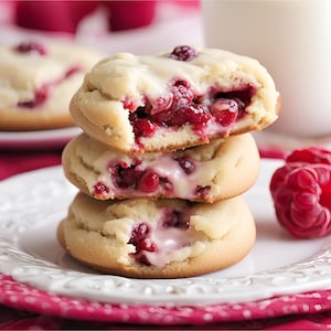 May include: A stack of three white chocolate-covered cookies filled with raspberries. The cookies are on a white plate with a pink napkin underneath. There is a single raspberry next to the cookies.