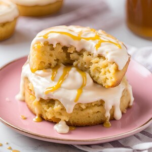 May include: Two white frosted biscuits with a drizzle of caramel sauce on a pink plate. The biscuits are stacked on top of each other and one is broken in half, revealing the soft, fluffy inside.