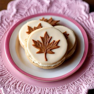 May include: Three sugar cookies decorated with white frosting and a brown maple leaf design. The cookies are stacked on a white plate with a pink rim.