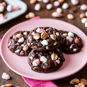 Puede incluir: Tres galletas de chocolate con chispas cubiertas con malvaviscos, chispas de chocolate y almendras en un plato rosa.