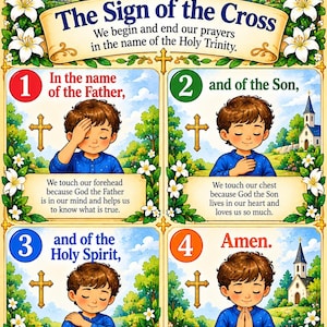May include: A religious educational poster titled The Sign of the Cross, featuring an illustration of Jesus above four numbered panels. Each panel shows a child demonstrating the prayer steps with descriptive text and white lily floral borders.