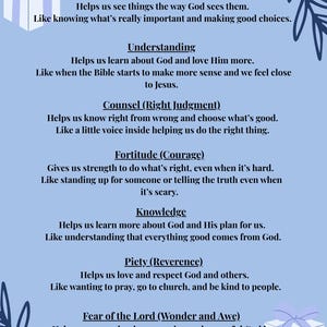 May include: A light blue poster with the title "The 7 Gifts of the Holy Spirit". The text describes wisdom, understanding, counsel, fortitude, knowledge, piety, and fear of the Lord. Decorative elements include gift boxes and leaves.