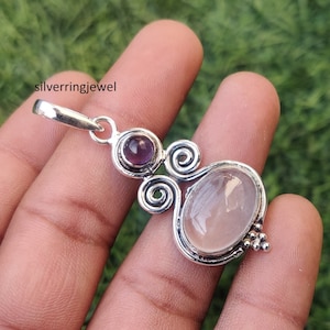 Hanger met twee stenen, rozenkwarts en amethist, 925 sterlingzilver, mooie designerhanger, handgemaakte sieraden, cadeau voor liefde,
