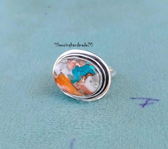 Oval Spiny Oyster Copper Turquoise Sterling Silver Ring | December Birthstone Ring | Multi Colored Turquoise Ring - Gilded Bug Jewelry
