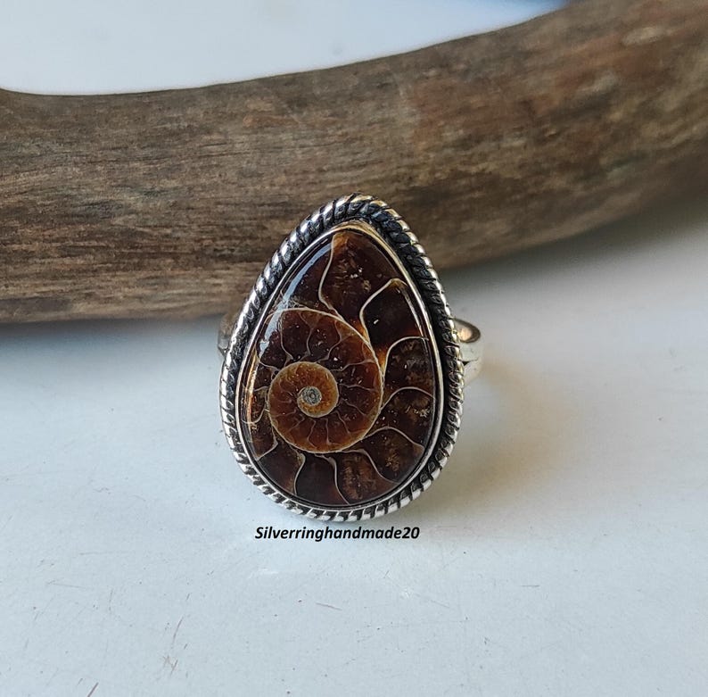 May include: A silver ring with a teardrop-shaped ammonite gemstone. The ammonite is brown and white with a spiral pattern. The ring is set in a silver band with a rope-like design.